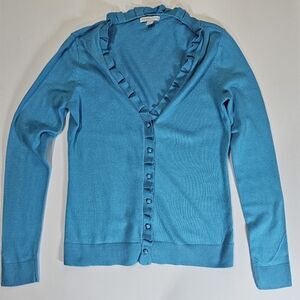 New Yor & Company Cardigan Womens Small Blue Button‎ Down Pleated Neck Preppy